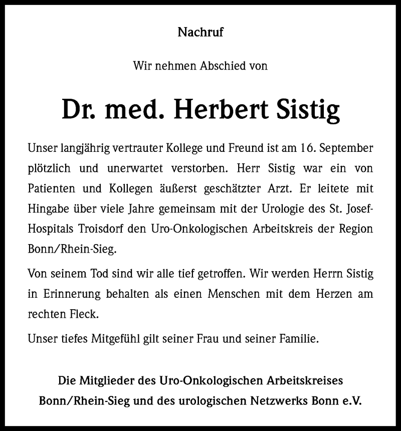  Traueranzeige für Herbert Sistig vom 25.09.2014 aus Kölner Stadt-Anzeiger / Kölnische Rundschau / Express