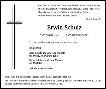 Anzeige von Erwin Schulz von Kölner Stadt-Anzeiger / Kölnische Rundschau / Express