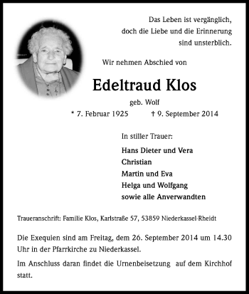 Anzeige von Edeltraud Klos von Kölner Stadt-Anzeiger / Kölnische Rundschau / Express