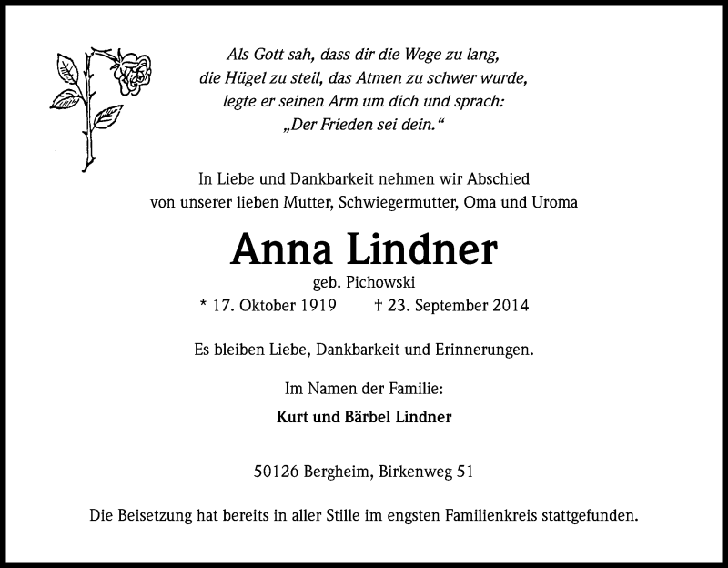 Traueranzeige für Anna Lindner vom 04.10.2014 aus Kölner Stadt-Anzeiger / Kölnische Rundschau / Express