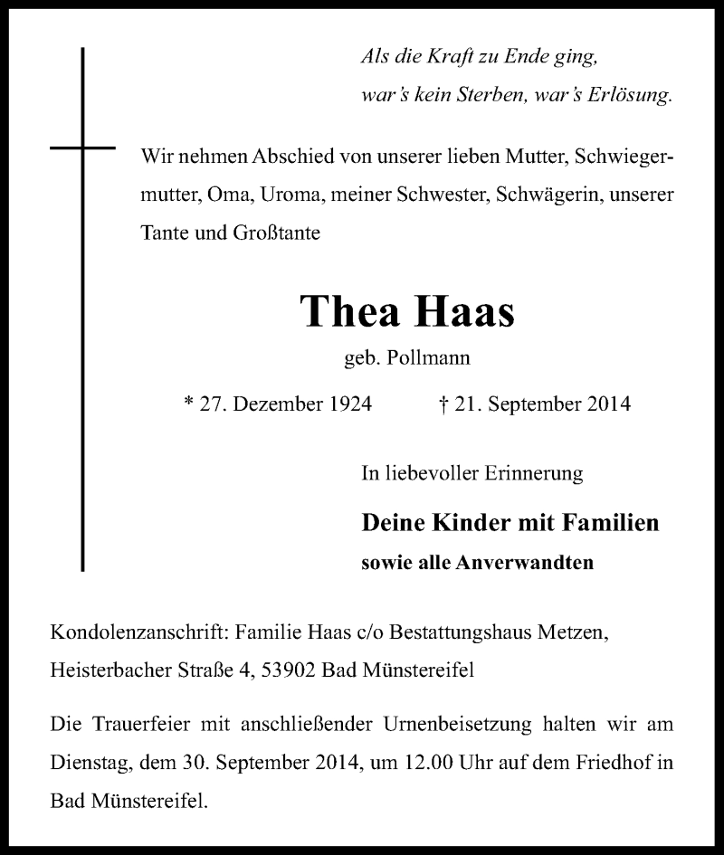 Traueranzeige für Thea Haas vom 25.09.2014 aus Kölner Stadt-Anzeiger / Kölnische Rundschau / Express