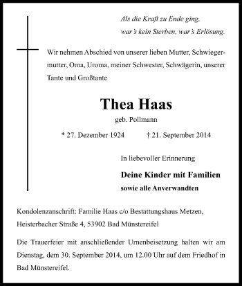 Anzeige von Thea Haas von Kölner Stadt-Anzeiger / Kölnische Rundschau / Express