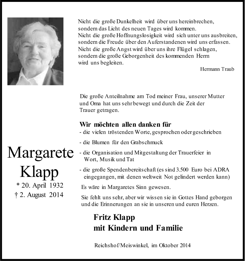  Traueranzeige für Margarete Klapp vom 01.10.2014 aus Kölner Stadt-Anzeiger / Kölnische Rundschau / Express
