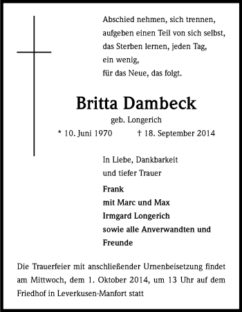 Anzeige von Britta Dambeck von Kölner Stadt-Anzeiger / Kölnische Rundschau / Express