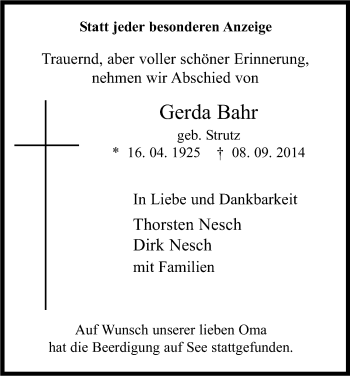 Anzeige von Gerda Bahr von Kölner Stadt-Anzeiger / Kölnische Rundschau / Express