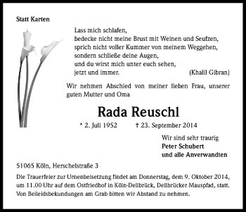 Anzeige von Rada Reuschl von Kölner Stadt-Anzeiger / Kölnische Rundschau / Express
