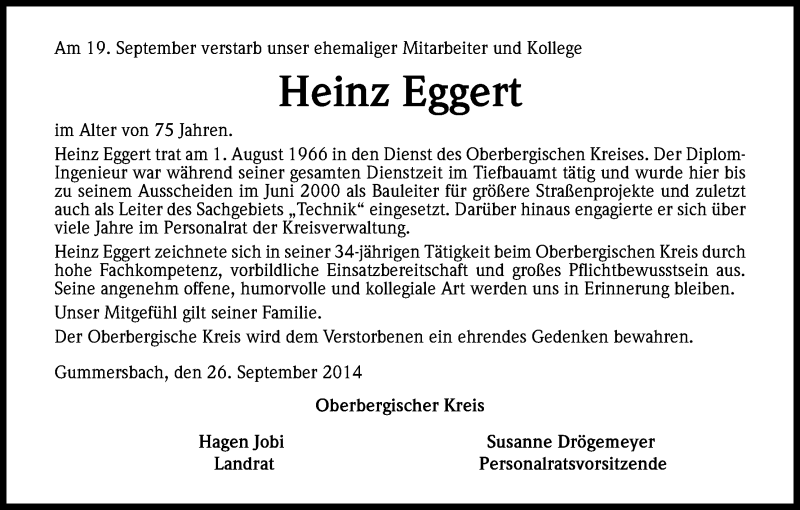  Traueranzeige für Heinz Eggert vom 26.09.2014 aus Kölner Stadt-Anzeiger / Kölnische Rundschau / Express
