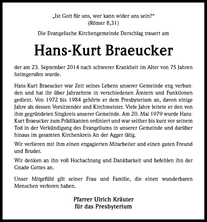  Traueranzeige für Hans-Kurt Braeucker vom 26.09.2014 aus Kölner Stadt-Anzeiger / Kölnische Rundschau / Express
