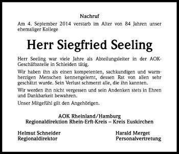 Anzeige von Siegfried Seeling von Kölner Stadt-Anzeiger / Kölnische Rundschau / Express