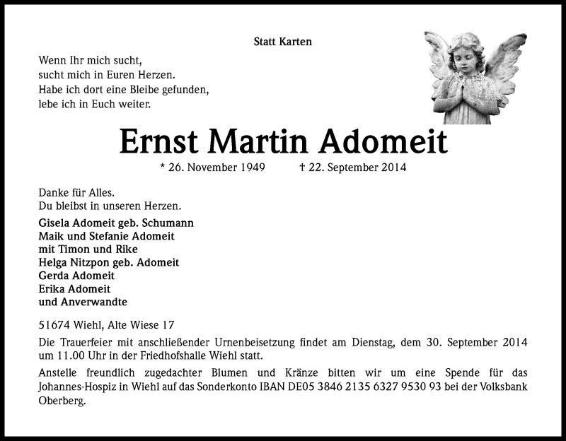  Traueranzeige für Ernst Martin Adomeit vom 26.09.2014 aus Kölner Stadt-Anzeiger / Kölnische Rundschau / Express