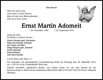 Anzeige von Ernst Martin Adomeit von Kölner Stadt-Anzeiger / Kölnische Rundschau / Express