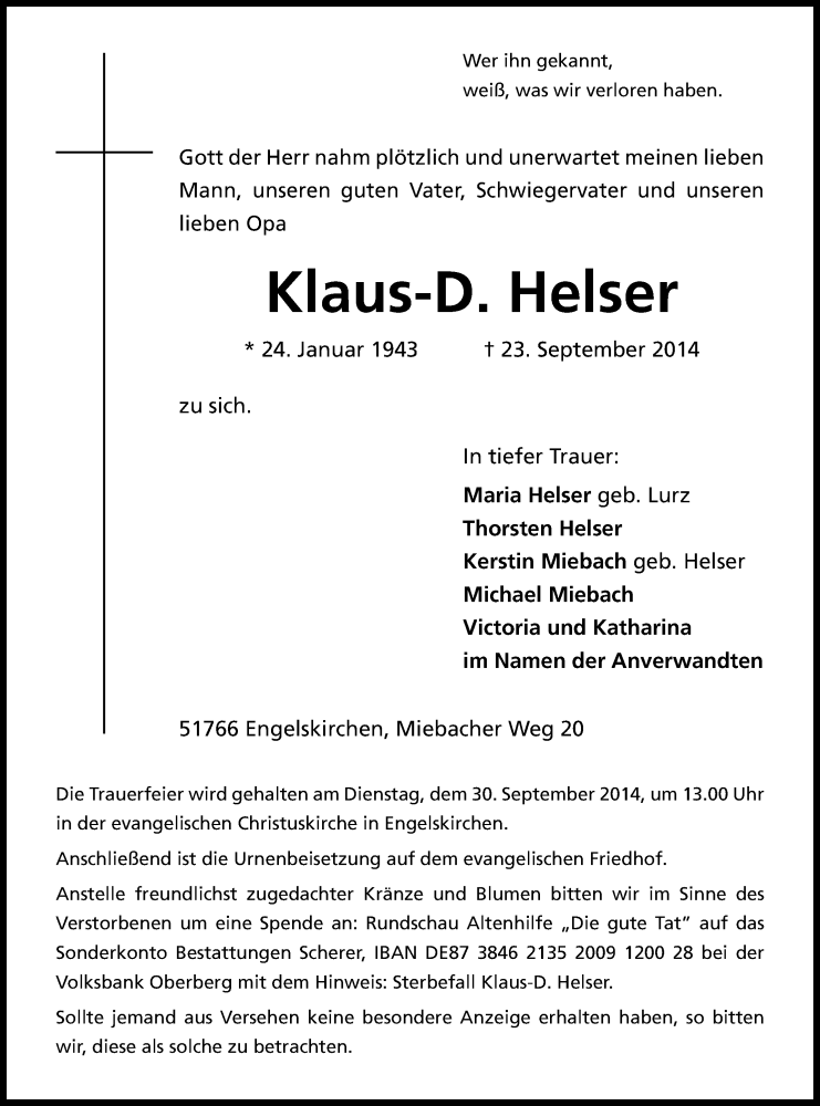  Traueranzeige für Klaus Helser vom 26.09.2014 aus Kölner Stadt-Anzeiger / Kölnische Rundschau / Express