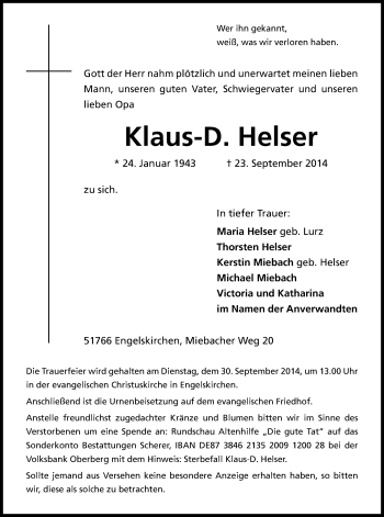 Anzeige von Klaus Helser von Kölner Stadt-Anzeiger / Kölnische Rundschau / Express