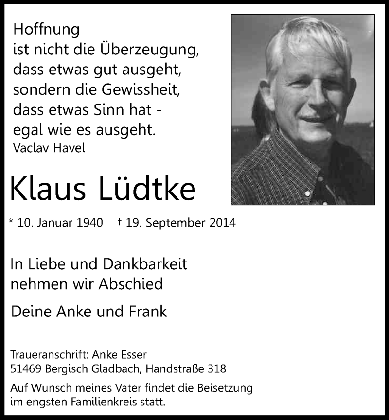  Traueranzeige für Klaus Lüdtke vom 27.09.2014 aus Kölner Stadt-Anzeiger / Kölnische Rundschau / Express