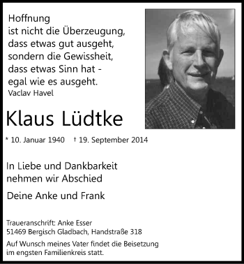 Anzeige von Klaus Lüdtke von Kölner Stadt-Anzeiger / Kölnische Rundschau / Express