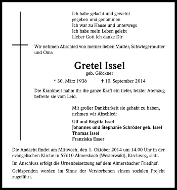Anzeige von Gretel Issel von Kölner Stadt-Anzeiger / Kölnische Rundschau / Express