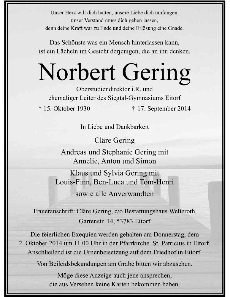  Traueranzeige für Norbert Gering vom 27.09.2014 aus Kölner Stadt-Anzeiger / Kölnische Rundschau / Express