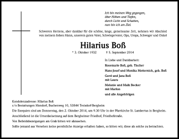 Anzeige von Hilarius Boß von Kölner Stadt-Anzeiger / Kölnische Rundschau / Express