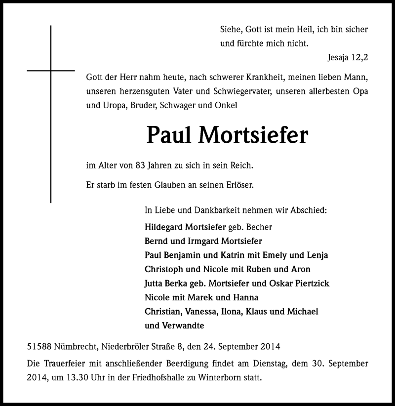  Traueranzeige für Paul Mortsiefer vom 26.09.2014 aus Kölner Stadt-Anzeiger / Kölnische Rundschau / Express