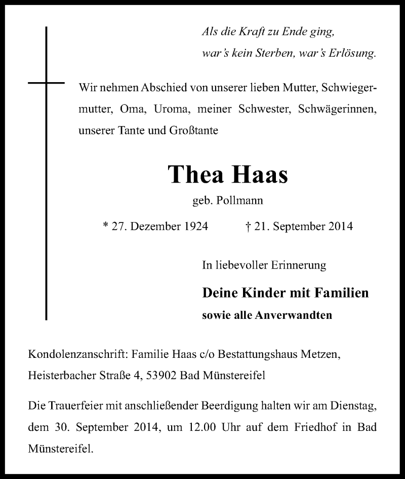  Traueranzeige für Thea Haas vom 26.09.2014 aus Kölner Stadt-Anzeiger / Kölnische Rundschau / Express