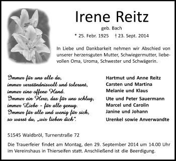 Anzeige von Irene Reitz von Kölner Stadt-Anzeiger / Kölnische Rundschau / Express