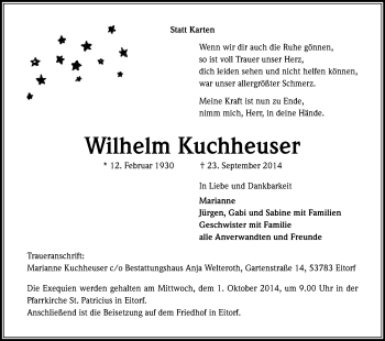 Anzeige von Wilhelm Kuchheuser von Kölner Stadt-Anzeiger / Kölnische Rundschau / Express