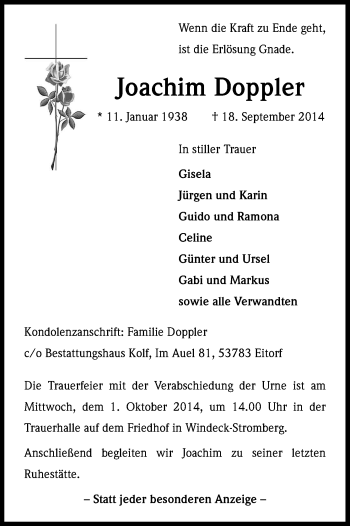 Anzeige von Joachim Doppler von Kölner Stadt-Anzeiger / Kölnische Rundschau / Express