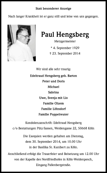 Anzeige von Paul Hengsberg von Kölner Stadt-Anzeiger / Kölnische Rundschau / Express