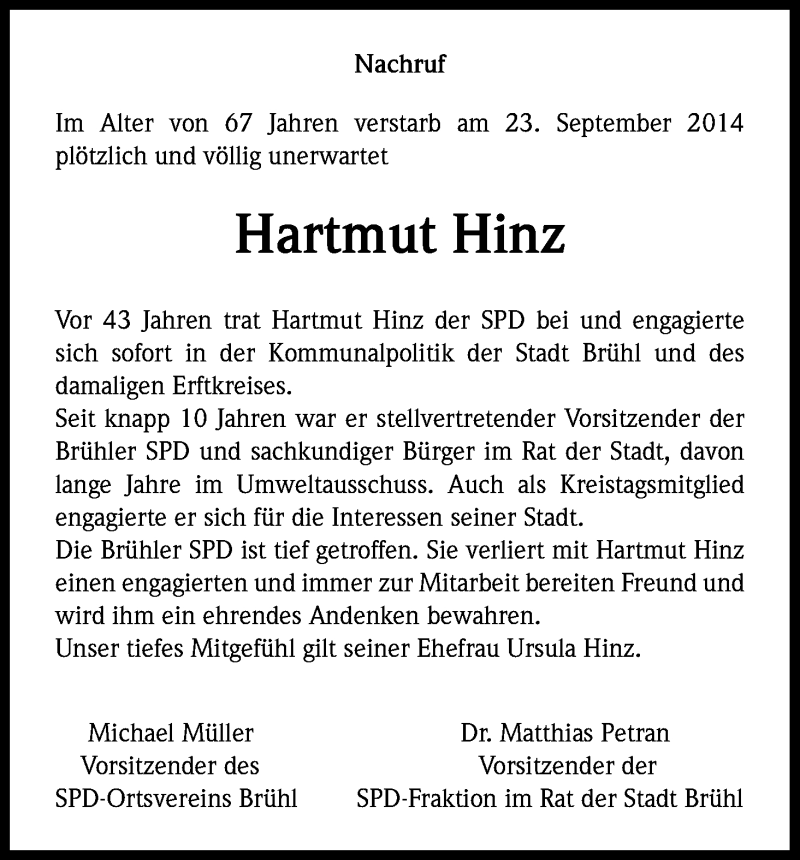  Traueranzeige für Hartmut Hinz vom 27.09.2014 aus Kölner Stadt-Anzeiger / Kölnische Rundschau / Express