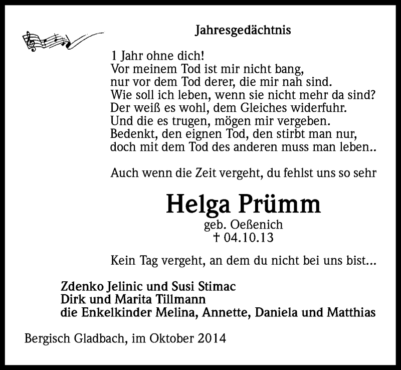  Traueranzeige für Helga Prümm vom 04.10.2014 aus Kölner Stadt-Anzeiger / Kölnische Rundschau / Express