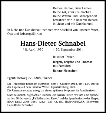 Anzeige von Hans-Dieter Schnabel von Kölner Stadt-Anzeiger / Kölnische Rundschau / Express