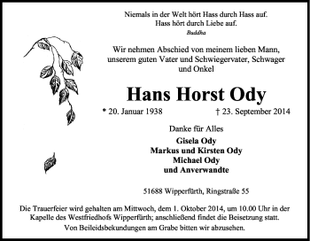 Anzeige von Hans Horst Ody von Kölner Stadt-Anzeiger / Kölnische Rundschau / Express
