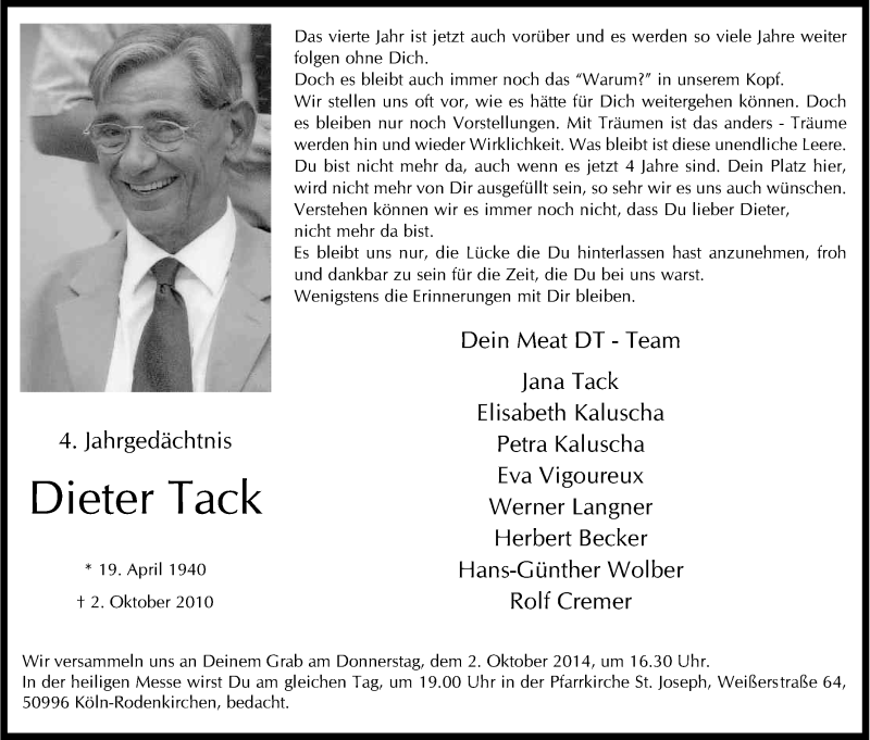  Traueranzeige für Dieter Tack vom 27.09.2014 aus Kölner Stadt-Anzeiger / Kölnische Rundschau / Express