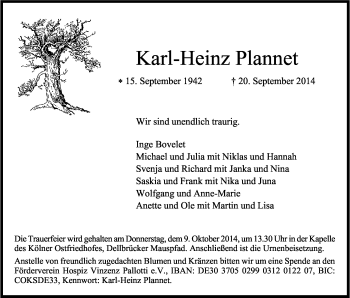 Anzeige von Karl-Heinz Plannet von Kölner Stadt-Anzeiger / Kölnische Rundschau / Express