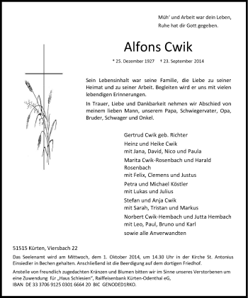 Anzeige von Alfons Cwik von Kölner Stadt-Anzeiger / Kölnische Rundschau / Express