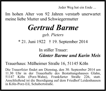 Anzeige von Gertrud Barme von Kölner Stadt-Anzeiger / Kölnische Rundschau / Express