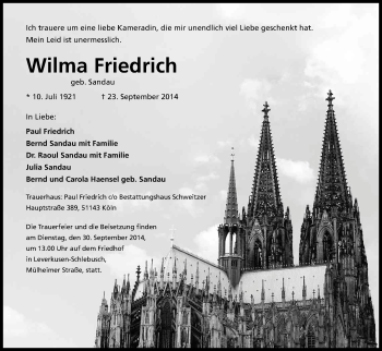 Anzeige von Wilma Friedrich von Kölner Stadt-Anzeiger / Kölnische Rundschau / Express