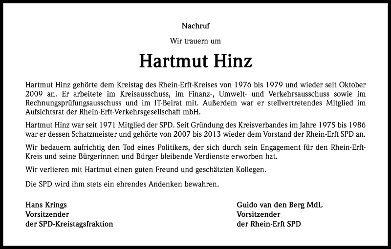  Traueranzeige für Hartmut Hinz vom 27.09.2014 aus Kölner Stadt-Anzeiger / Kölnische Rundschau / Express