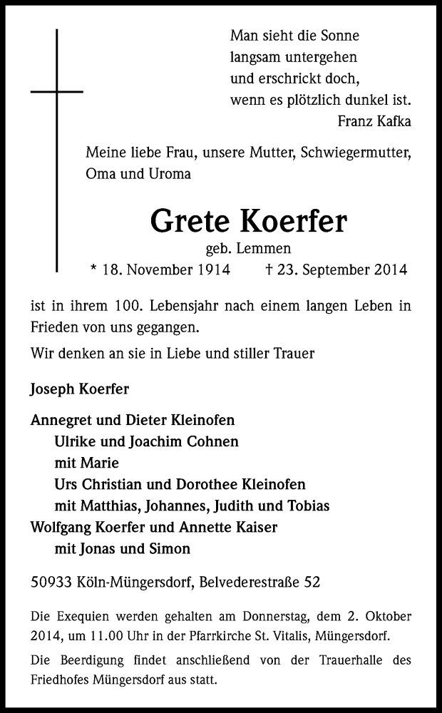  Traueranzeige für Grete Körfer vom 27.09.2014 aus Kölner Stadt-Anzeiger / Kölnische Rundschau / Express