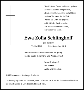 Anzeige von Ewa-Zofia Schlinghoff von Kölner Stadt-Anzeiger / Kölnische Rundschau / Express