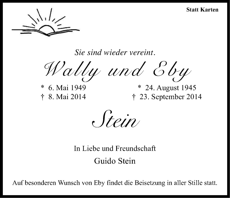  Traueranzeige für Eberhard Stein vom 27.09.2014 aus Kölner Stadt-Anzeiger / Kölnische Rundschau / Express