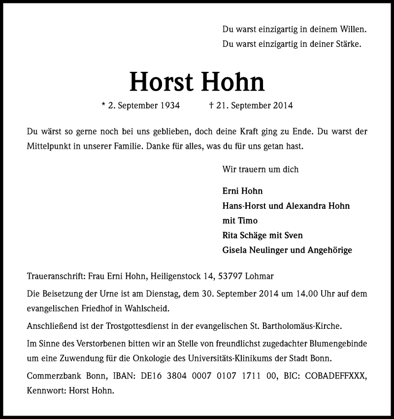  Traueranzeige für Horst Hohn vom 27.09.2014 aus Kölner Stadt-Anzeiger / Kölnische Rundschau / Express
