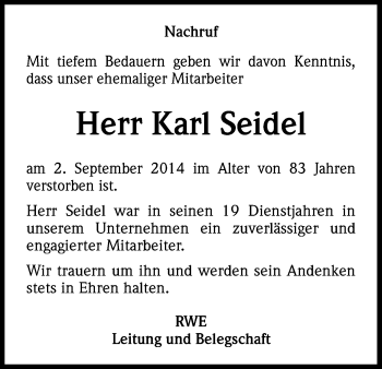 Anzeige von Karl Seidel von Kölner Stadt-Anzeiger / Kölnische Rundschau / Express