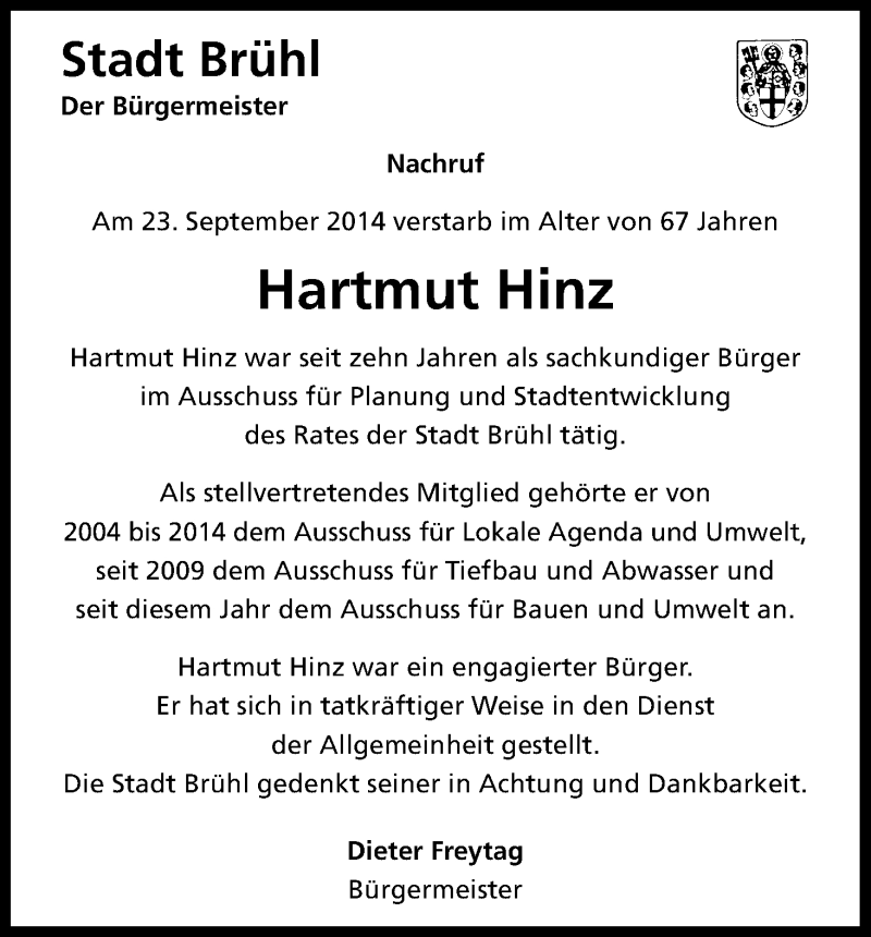  Traueranzeige für Hartmut Hinz vom 26.09.2014 aus Kölner Stadt-Anzeiger / Kölnische Rundschau / Express