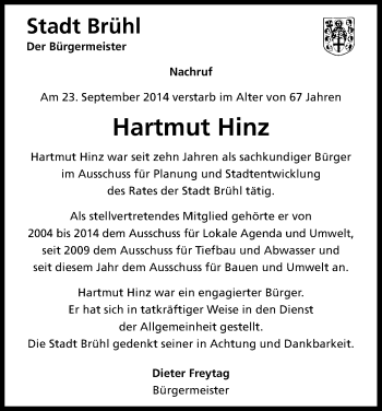 Anzeige von Hartmut Hinz von Kölner Stadt-Anzeiger / Kölnische Rundschau / Express