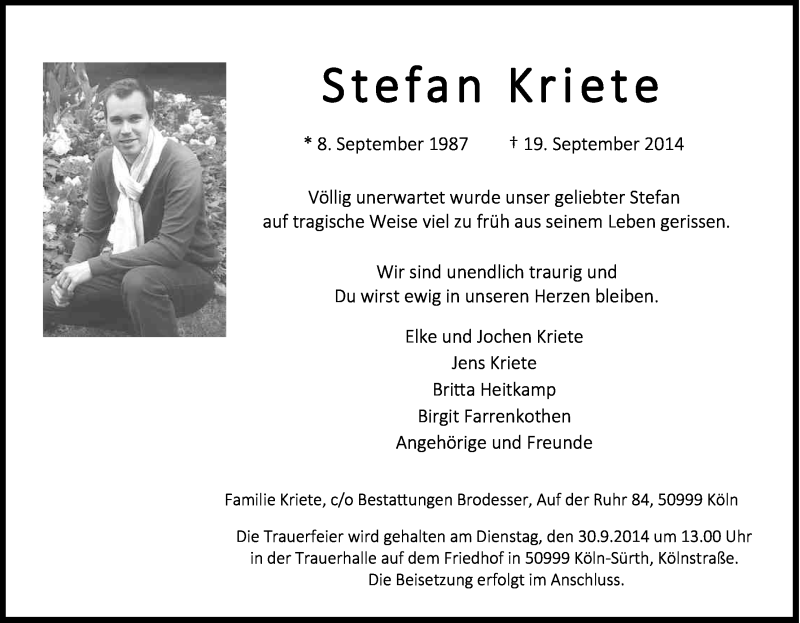  Traueranzeige für Stefan Kriete vom 27.09.2014 aus Kölner Stadt-Anzeiger / Kölnische Rundschau / Express