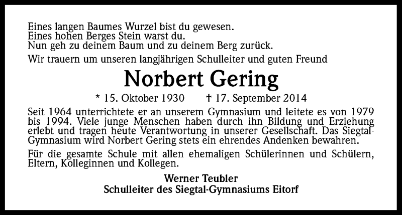  Traueranzeige für Norbert Gering vom 27.09.2014 aus Kölner Stadt-Anzeiger / Kölnische Rundschau / Express