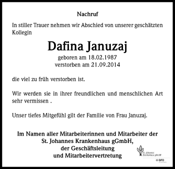 Anzeige von Dafina Januzaj von Kölner Stadt-Anzeiger / Kölnische Rundschau / Express
