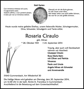 Anzeige von Rosaria Ciraulo von Kölner Stadt-Anzeiger / Kölnische Rundschau / Express