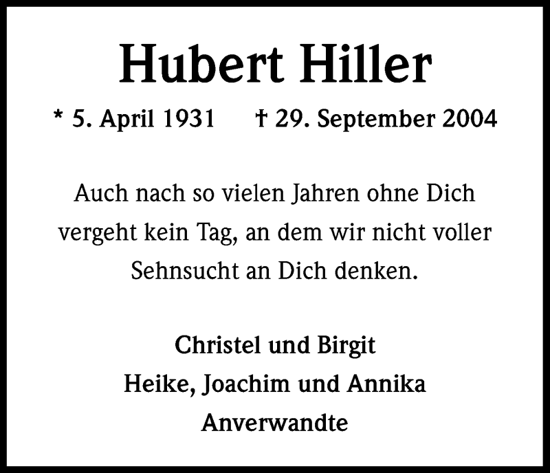  Traueranzeige für Hubert Hiller vom 29.09.2014 aus Kölner Stadt-Anzeiger / Kölnische Rundschau / Express
